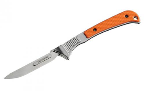 Hogue Expel, Fixed Blade Knife, 440C Stainless Steel, Plain Edge, 2.5 Blade, Replaceable Blades, Silver, Orange G10 Grips 35874