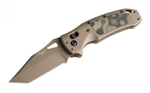 Hogue K320 AXG, Sig Sauer P320 Firearm Match, Folding Knife, CPM-S30V, Cerakote Finish, Flat Dark Earth, Plain Tanto Edge, 3.5 Blade, Flat Dark Earth Aluminum Grips with G-Mascus Green G10 Inserts 36365