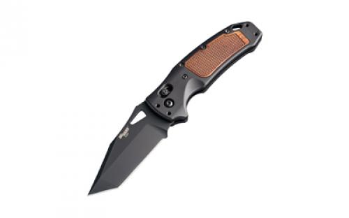 Hogue SIG K320 AXG Classic, Folding Knife, Cerakote Finish, Black, Tanto Point, 3.5 Blade Length, CPM-S30V Blade Steel, Plain Edge, ABLE Lock, Heritage Walnut Inserts with Checkered Texture 36367