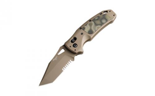 Hogue SIG K320 AXG Scorpion, Folding Knife, Cerakote Finish, Tan, Tanto Point, 3.5 Blade Length, CPM-S30V Blade Steel, Combo Edge, ABLE Lock, Green G-10 Inserts with Mini Piranha Texture 36368