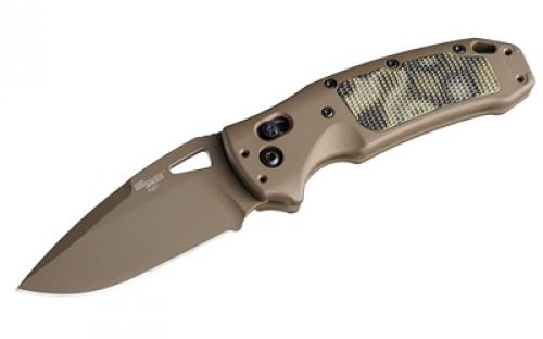 Hogue K320 AXG, Sig Sauer P320 Firearm Match, Folding Knife, CPM-S30V, Cerakote Finish, Flat Dark Earth, Plain Drop Point Edge, 3.5 Blade, Flat Dark Earth Aluminum Grips with G-Mascus Green G10 Inserts 36375