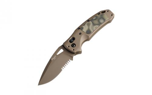 Hogue SIG K320 AXG Scorpion, Folding Knife, Cerakote Finish, Tan, Drop Point, 3.5 Blade Length, CPM-S30V Blade Steel, Combo Edge, ABLE Lock, Green G-10 Inserts with Mini Piranha Texture 36378