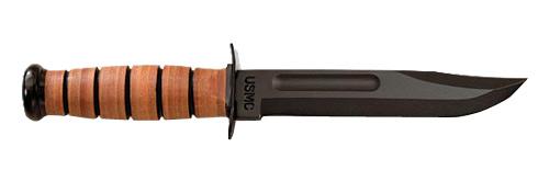 KABAR KA-BAR, USMC, Fixed Blade Knife, 7 Blade Length, 11.875 Overall Length, Clip Point, Plain Edge, 1095 Cro-Van/Black, Brown Leather, Leather Sheath 1217