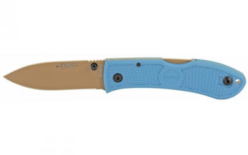 KABAR Dozier D2 Folding Hunter, Folding Blade, 3 Blade Length, 7.25 Overall Length, Matte Finish, Tan Blade, Plain Edge, Drop Point, D2 Steel, Blue Zytel Handle, Reversible Pocket Clip, Thumb Stud 4062D2
