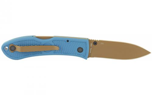 KABAR Dozier D2 Folding Hunter, Folding Blade, 3" Blade Length, 7.25" Overall Length, Matte Finish, Tan Blade, Plain Edge, Drop Point, D2 Steel, Blue Zytel Handle, Reversible Pocket Clip, Thumb Stud 4062D2