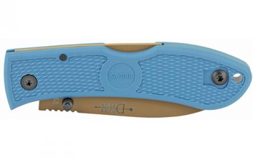 KABAR Dozier D2 Folding Hunter, Folding Blade, 3" Blade Length, 7.25" Overall Length, Matte Finish, Tan Blade, Plain Edge, Drop Point, D2 Steel, Blue Zytel Handle, Reversible Pocket Clip, Thumb Stud 4062D2