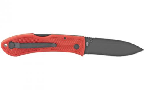 KABAR Dozier D2 Folding Hunter, Folding Blade, 3" BladeLength, 7.25" Overall Length, Matte Finish, Black Blade, Plain Edge, Drop Point, D2 Steel, Red Zytel Handle, Reversible Pocket Clip, Thumb Stud 4062RD