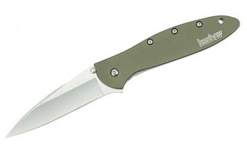 Kershaw Leek, 3, Assisted Folding Knife, Clip Point Thumb, Plain Edge, 14C28N/Satin, Anodized Aluminum, Thumb Stud/Pocket Clip, Olive 1660OL