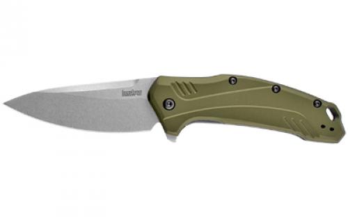 Kershaw Link, 3.25 Folding Knife/Assisted, Drop Point, Plain Edge, CPM-20CV Stonewashed, Olive 6061-T6 Anodized Aluminum Handle 1776OLSW