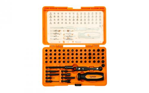 Lyman Screwdriver Set, Tool, Black, 68 Pieces, (32) Hollow Ground Bits for Slotted Screws, (17) Hex Bits In Standard and Metric Sizes, (6) Phillips Bits Including 2 Long Bits, (4) 6-Lobe Bits, (6) Specialty Bits, (1) Extension, (1) Ratchet Handle, and (1) Handle 7991361