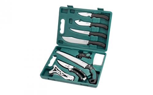 Outdoor Edge Gamepro-Complete Game Processing Kit, Plain Edge, 420J2 Stainless Steel, Black, Includes (1) Caping Knife, (1) Skinner Knife, (1) Boning Knife, (1) Butcher Knife, (1) Shears, (1) Bone Saw, (1) Ribcage Spreader, (1) Two Stage Sharpener, and Hard Plastic Case GP-11