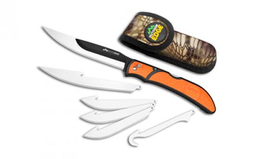 Outdoor Edge Razorwork, Folding Knife, Plain Edge, Black Oxide Finish, 420J2 Stainless Steel, Orange Handle, Includes (2) Boning/Filet Knives, (3) Drop-Point Blades, and (1) Gutting Blade RBB-20C