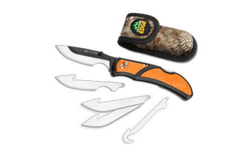 Outdoor Edge Razorcape, Folding Knife, Plain Edge, 3 Blades, Black Oxide Finish, 420J2 Stainless Steel, Orange Handle, Includes (2) Caping Blades, (2) Drop Point Blades, and (1) Gutting Blade RCB30-10C