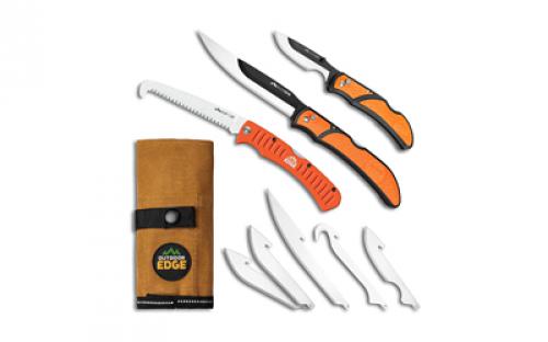 Outdoor Edge Razorguide Pak, Folding Knife Set, Black Oxide Finish, 420J2 Stainless Steel, Orange Handle, Includes (1) Razorbone with 5 Blades, (1) Razorcape with 2 Blades, and (1) Flip N Zip Saw RGP-1
