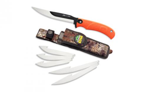 Outdoor Edge Razormax, Fixed Blade Knife, Plain Edge, Black Oxide Finish, 420J2 Stainless Steel, Orange Handle, Includes (3) Drop Point Blades, (3) Boning/Fillet Blade and Nylon Sheath RMB-20C