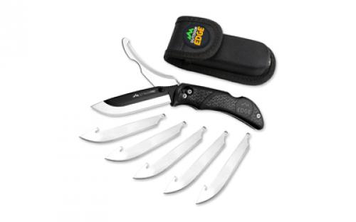 Outdoor Edge Razor Pro, Folding Knife, Plain Edge, 3.5 Blades , 420J2 Stainless Steel, Black Handle, Includes (6) Drop Point Blades and Gut Blade RO-10C
