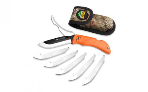 Outdoor Edge Razor Pro, Folding Knife, Plain Edge, 3.5 Blades, 420J2 Stainless Steel, Orange Handle, Includes (6) Drop Point Blades and Gut Blade RO-20C