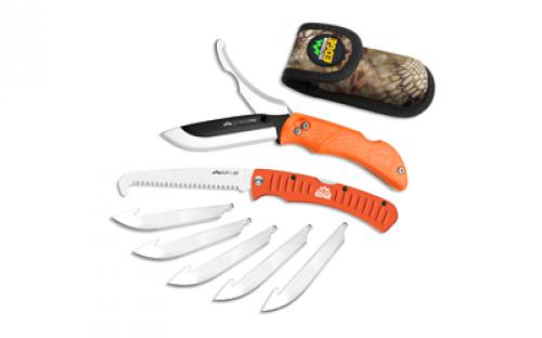Outdoor Edge Razor Pro, Folding Knife and Saw Combo, Plain Edge, 3.5 Blades, 420J2 Stainless Steel, Orange Handle, Includes (6) Drop Point Blades and Gut Blade ROC-30C