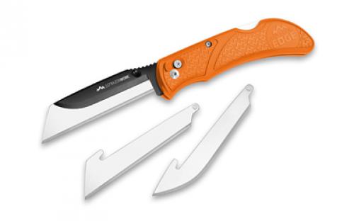 Outdoor Edge Razorwork, Folding Knife, Plain Edge, 3 Blades, Black Oxide Finish, 420J2 Stainless Steel, Orange Handle, Includes (2) Utility Blades and (1) Drop Point Blade RWB30-70C