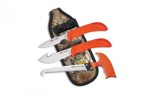 Outdoor Edge Wild Guide, Fixed Blade Knife Set, Plain Edge, 420J2 Stainless Steel, Orange Handle, Includes (1) Caper Knife, (1) Skinner Knife, (1) Bone Saw, and Nylon Sheath WG-10C