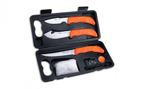 Outdoor Edge Wildlite Game Processing Kit, Fixed Blade Knife Set, Plain Edge, 420J2 Stainless Steel, Orange Handle, Includes (1) Caper Knife, (1) Skinner Knife, (1) Boning Knife, and Knife Sharpener WL-6