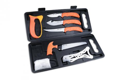 Outdoor Edge Wild Pak Game Processing Kit,  Fixed Blade Knife Set, Plain Edge, 420J2 Stainless Steel, Orange Handle, Includes (1) Caper Knife, (1) Skinner Knife, (1) Boning Knife, (1) Bone Saw, (1) Sharpener, (1) Rib Spreader, Game Cleaning Gloves, and Hard Case WP-2