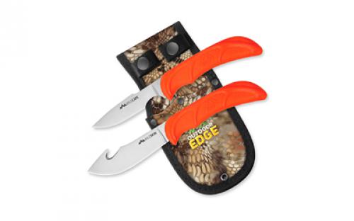 Outdoor Edge Wild Pair, Fixed Blade Knife Set, Plain Edge, 420J2 Stainless Steel, Orange Handle, Includes (1) Caper Knife, (1) Skinner Knife, and Nylon Sheath WR-1C