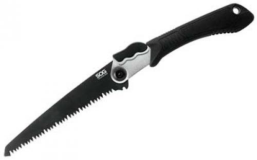 SOG Knives & Tools Folding Saw, 8.25 Saw Blade, High Carbon Steel, Satin Black Finish, Black Plastic Grip, Nylon Sheath SOG-F10N-CP