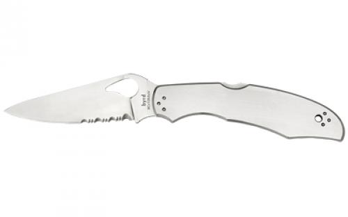 Spyderco Byrd, Cara Cara2, 3.75 Folding Knife, Clip Point, Combo Edge, 8Cr13MoV/Satin, Stainless, Oval Thumb Hole/Pocket Clip BY03PS2