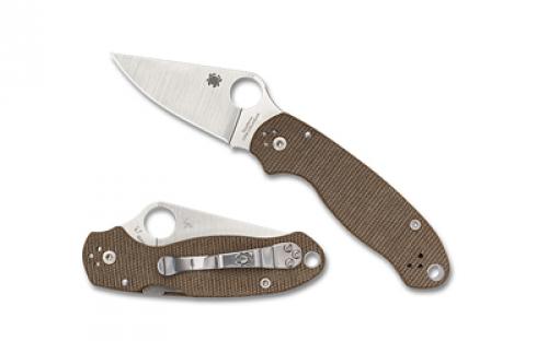 Spyderco Para 3, Folding Knife, Plain Edge, Brown Canvas Micarta Handle, Satin Finish, Silver, 2.92 Blade Length, CPM CRU-WEAR Steel C223MPCW
