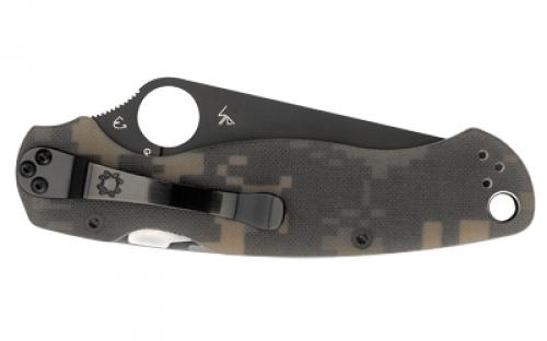 Spyderco Para Military 2, Folding Knife, 3.438" Blade, Clip Point, Plain Edge, CPM-S30V With Black DLC Finish, Camo G-10 Frame, Circle Thumb Hole/Pocket Clip C81GPCMOBK2