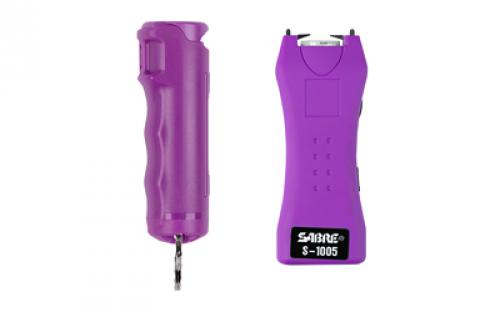 Sabre Stun Gun and Pepper Spray Package, Purple Color, Stun Gun w/ Built-in 120 Lumen Flashlight, Flip top Pepper Spray S5PR-F15PR