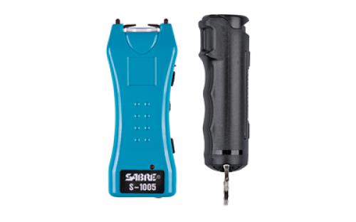 Sabre Stun Gun and Pepper Spray Package, Turquoise Color Stun Gun w/ Built-in Flashlight, Black Color Flip Top Pepper Spray S5TQ-F15BKOC