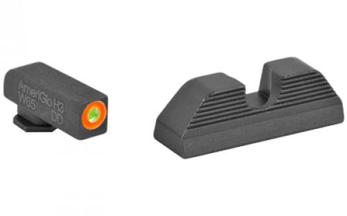 AmeriGlo Sight, Fits Glock 17,19,22,23,24,26,27,33,34,35,37,38,39, Green Tritium Orange Outline Front, Black Serrated Round Notch Rear GL-353