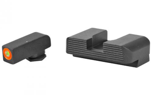 AmeriGlo Protector, Night Sight Set, For Glock 17/19/22/23/24/26/27/33/34/35/37/38/39, Front/Rear, Green Tritium Orange Outline Front, Black Serrated Rear GL-433