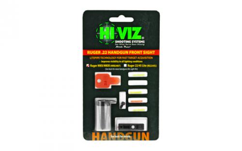 Hi-Viz Interchangeable Front Sight for Ruger Mark I, II, III and IV steel bull barrel pistols. Also fits: Ruger 22/45 with adjustable rear sight (does not fit the 22/45 LITE) HRB2007