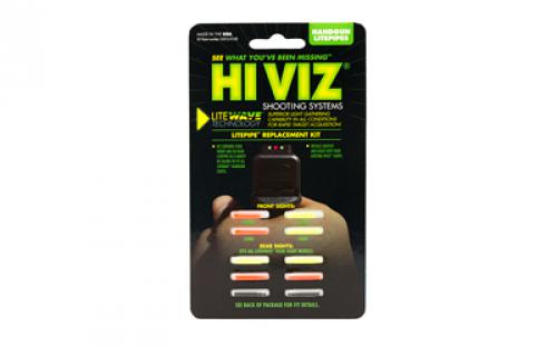 Hi-Viz LiteWave Handgun Replacement LitePipe Set. Includes Green and Red Front LitePipes in Two Sizes, Plus Green, Red and Black Rear LitePipes in One Size. Fits Any LiteWave Sight. LWH-KIT