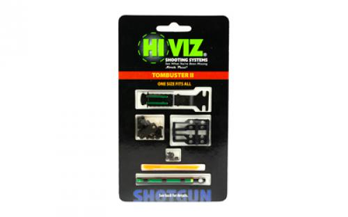 Hi-Viz Tom Buster II Turkey sight Combo Pack. Fits shotguns with threaded bead, rib widths from .250 to .437 (1/4 to 7/16) (6mm to 11.1mm). Rear sight is fully adjustable and features two Green, non-replaceable LitePipes. Front sight includes one Green and one Orange replaceable LitePipe. TB2004