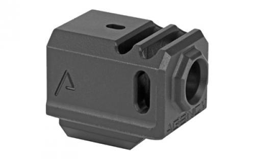 Agency Arms Gen3 Compensator, Features two chamber design-2 vertical ports and 2 side venting ports, Front sight hole, Two set screws with an Allen Wrench and a vial of Rockset are included in package, Compatible with the Glock 17/19/34, Standard 1/2 x 28 thread pitch, Black finish 417-3-BLK