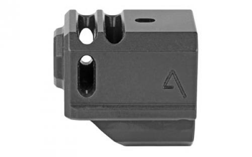Agency Arms Gen4 Compensator, Features two chamber design-2 vertical ports and 2 side venting ports, Front sight hole, Two set screws with an Allen Wrench and a vial of Rockset are included in package, Compatible with the Glock 17/19/34, Standard 1/2 x 28 thread pitch, Black finish 417-4-BLK