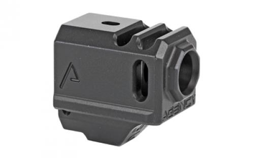 Agency Arms Glock 43 Compensator, Features two chamber design-2 vertical ports and 2 side venting ports, Front sight hole, Two set screws with an Allen Wrench and a vial of Rockset are included in package, Compatible with the Glock 43, Standard 1/2 x 28 thread pitch, Black Finish 417-G43-BLK