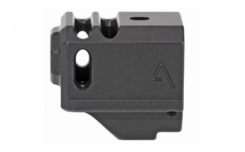 Agency Arms Glock 43 Compensator, Features two chamber design-2 vertical ports and 2 side venting ports, Front sight hole, Two set screws with an Allen Wrench and a vial of Rockset are included in package, Compatible with the Glock 43, Standard 1/2 x 28 thread pitch, Black Finish 417-G43-BLK