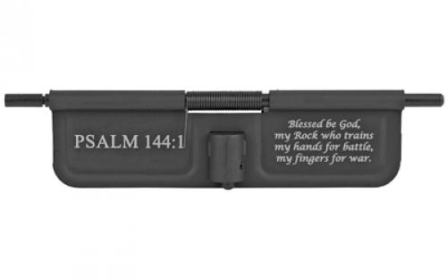 Bastion Psalm 144:1, AR-15 Ejection Port Dust Cover, Black/White Finish, Psalm 144:1 Laser Engraved On Open Side Only, Fist Standard 223/556/6.8/6.5 BASEPDC-BW-PSM144