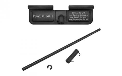 Bastion Psalm 144:1, AR-15 Ejection Port Dust Cover, Black/White Finish, Psalm 144:1 Laser Engraved On Open Side Only, Fist Standard 223/556/6.8/6.5 BASEPDC-BW-PSM144