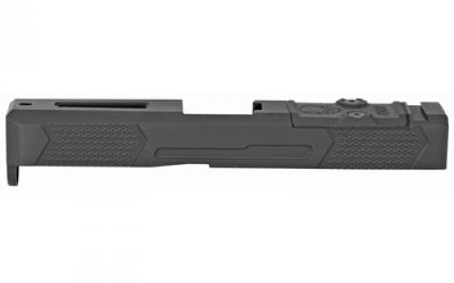 Grey Ghost Precision Stripped Slide, For Glock 19 Gen 4, Dual Optic Cutout Compatible With Leupold DeltaPoint Pro or Trijicon RMR With Supplied Shim Plate (Correct Length Screws Included), Comes With A Custom G10 Cover Plate And Proper Screws For Use Without Optic Installed, Version 4 Slide Pattern, Black Nitride Finish GGP-19-4-OC-V4