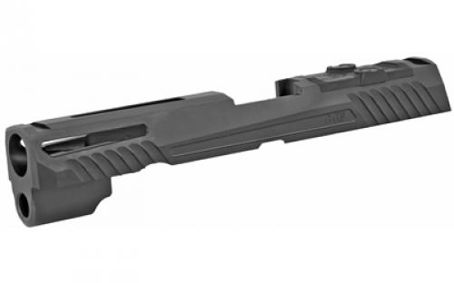 Grey Ghost Precision Stripped Slide, For Sig P320 Full Size, Dual Optic Cutout Compatible With Leupold DeltaPoint Pro, Trijicon RMR, Or Sig Romeo1 With Supplied Shim Plate (Correct Length screws Included), Comes With A Custom G10 Cover Plate And Proper Screws For Use Without Optic Installed, Version 1 Slide Pattern, Black DLC Finish GGP320-F-BLK-1