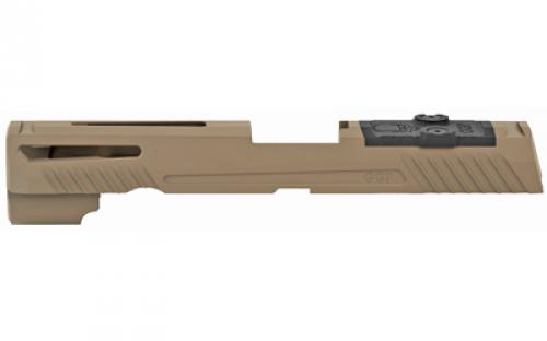 Grey Ghost Precision Stripped Slide, For Sig P320 Full Size, Dual Optic Cutout Compatible With Leupold DeltaPoint Pro, Trijicon RMR, Or Sig Romeo1 With Supplied Shim Plate (Correct Length screws Included), Comes With A Custom G10 Cover Plate And Proper Screws For Use Without Optic Installed, Version 1 Slide Pattern, FDE Cerakote Finish GGP320-F-FDE-1