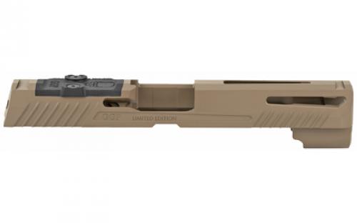 Grey Ghost Precision Stripped Slide, For Sig P320 Full Size, Dual Optic Cutout Compatible With Leupold DeltaPoint Pro, Trijicon RMR, Or Sig Romeo1 With Supplied Shim Plate (Correct Length screws Included), Comes With A Custom G10 Cover Plate And Proper Screws For Use Without Optic Installed, Version 1 Slide Pattern, FDE Cerakote Finish GGP320-F-FDE-1