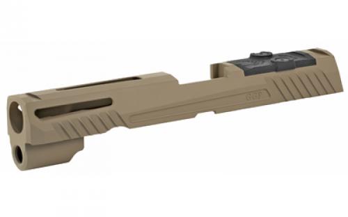 Grey Ghost Precision Stripped Slide, For Sig P320 Full Size, Dual Optic Cutout Compatible With Leupold DeltaPoint Pro, Trijicon RMR, Or Sig Romeo1 With Supplied Shim Plate (Correct Length screws Included), Comes With A Custom G10 Cover Plate And Proper Screws For Use Without Optic Installed, Version 1 Slide Pattern, FDE Cerakote Finish GGP320-F-FDE-1