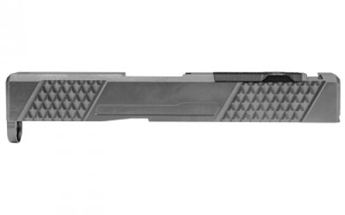 Grey Ghost Precision Stripped Slide, For Glock 43/43X, Version 2, Optic Cutout Compatible With Shield RMS-C With Correct Length Screws Included, No Mounting Plate Needed, Cover Plate Included, Version 2 Slide Pattern, DLC Finish, Gray GGP-SPG43-V2-GRY